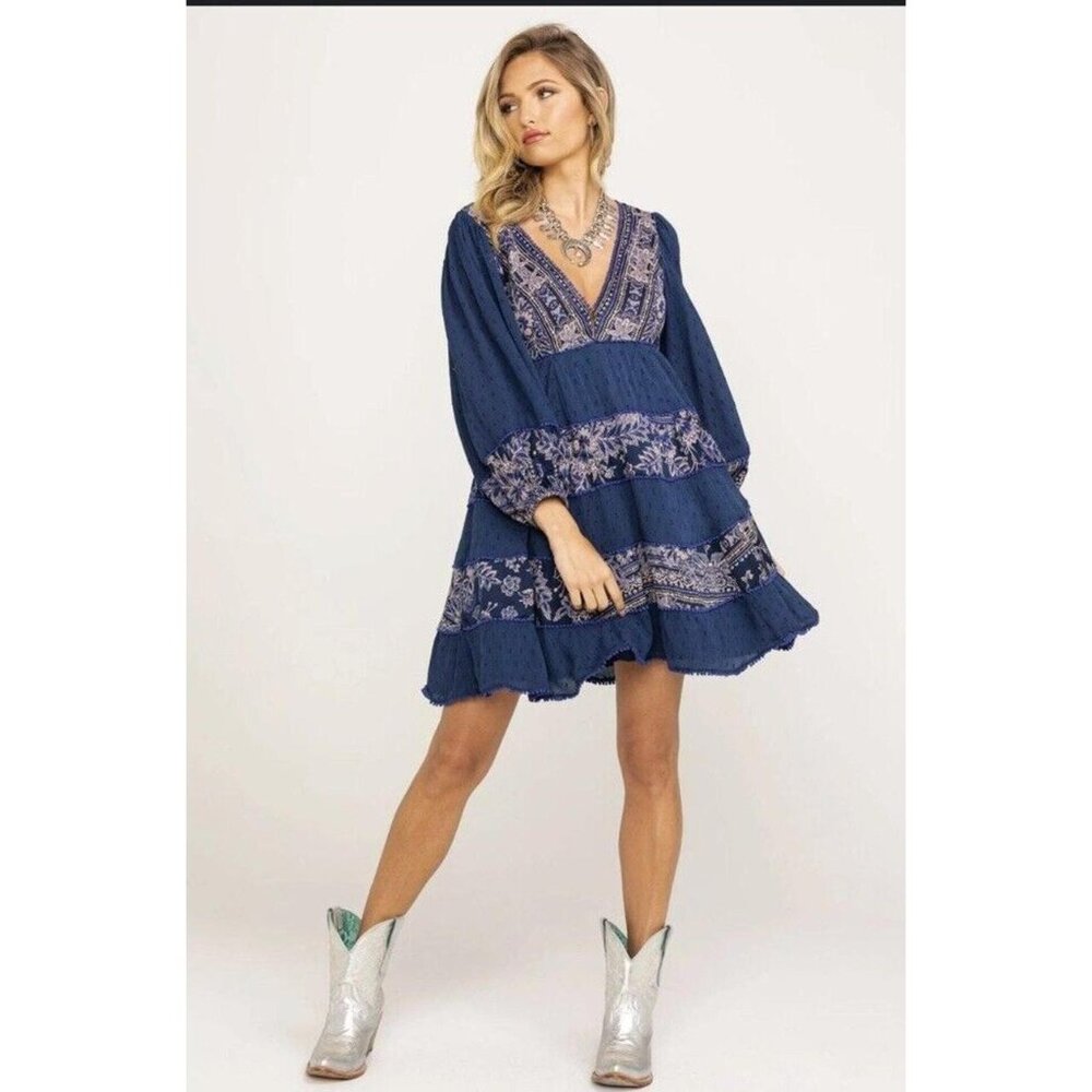 Free People My Love blue boho embroidered mini dress